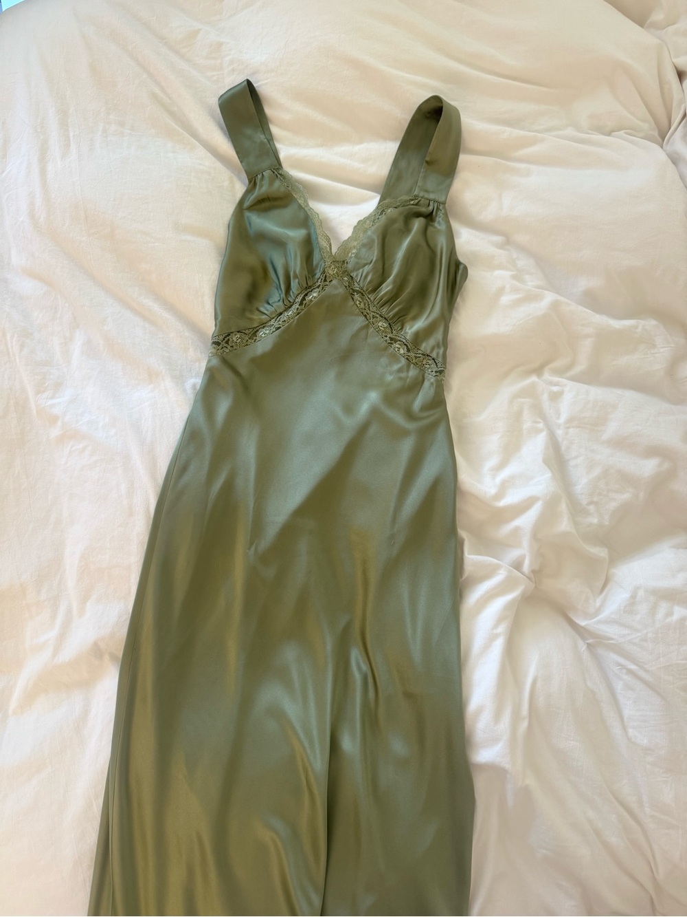 Reformation Olive Satin Lace-Trim Wedding Guest Dress - Picture 5 of 10